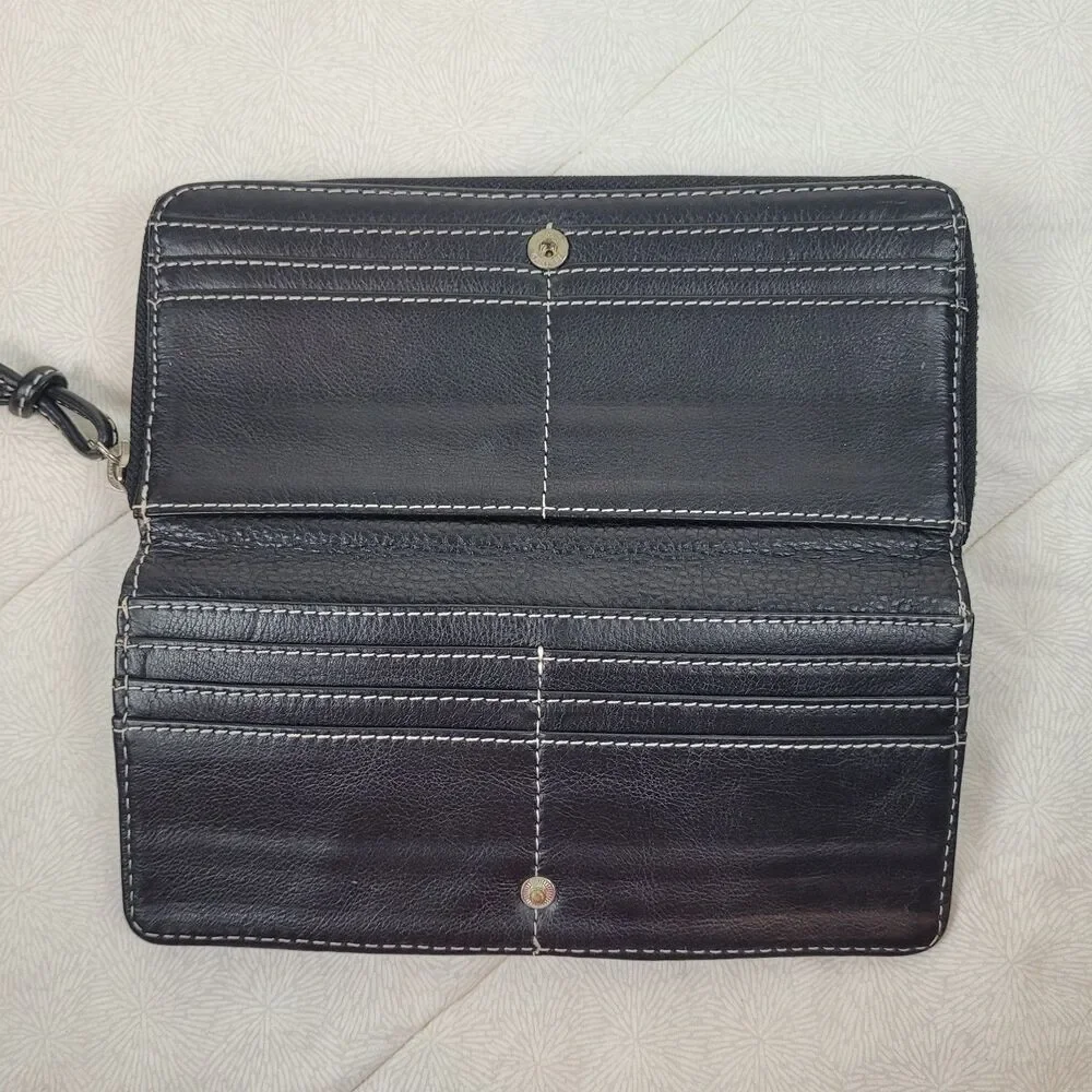 Womens black zip wallet leather multi compartments silver accent white stitching